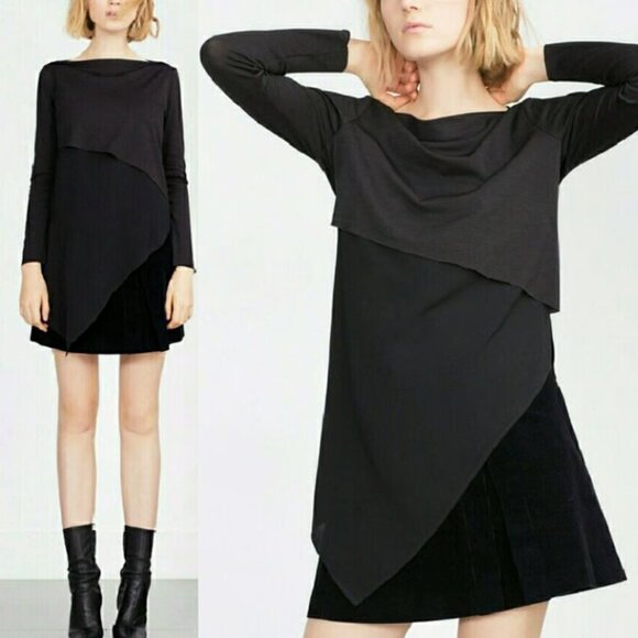 ZARA Long Sleeve Asymmetric Tiered Layered Top Tunic Blouse S Black Minimalist - Picture 1 of 12